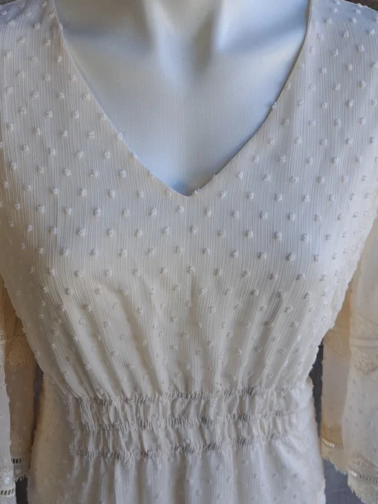 Polagram Ivory Swiss Dot Modest Midi Dress Lace Sleeves V-Neck Size L - Picture 4 of 16